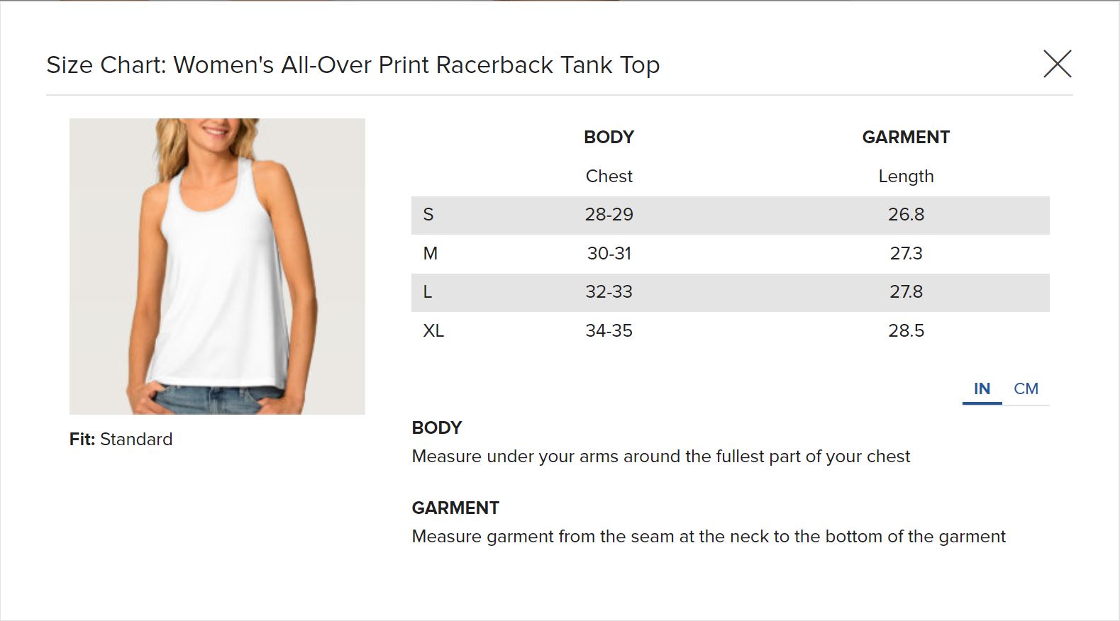 Women’s All-Over Print Racerback Tank Top_Size Chart